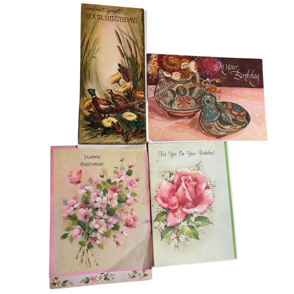 Vintage‎ Birthday Greeting Cards Lot of 4 Unused Floral Bird Cottage Core Rose